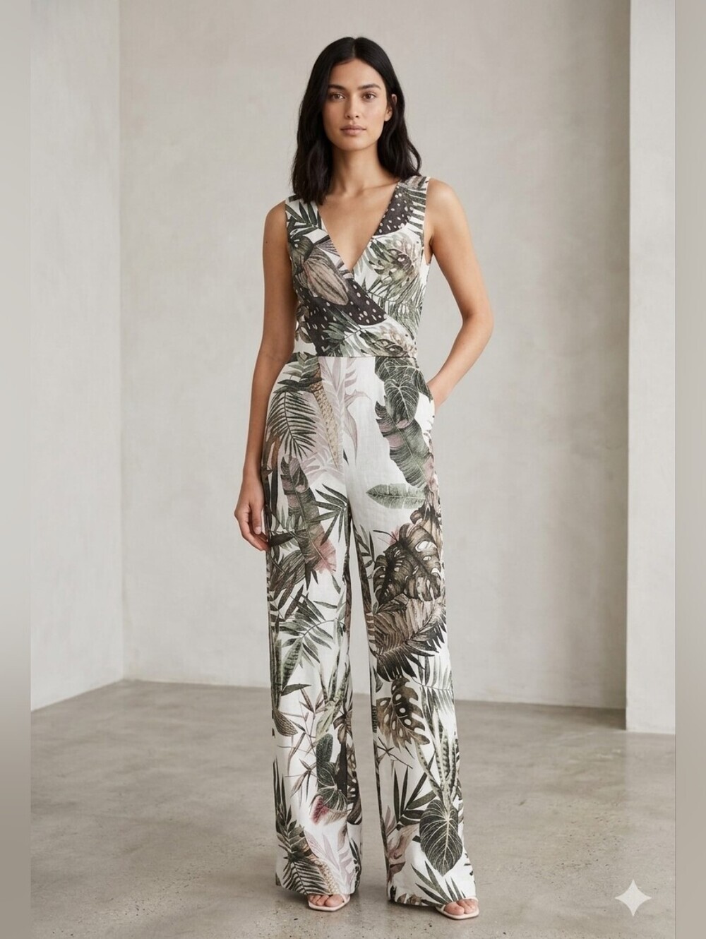 Fuego Tropical Leaf Print Wide Leg Jumpsuit Size 38 Resort Wear Linen Blend